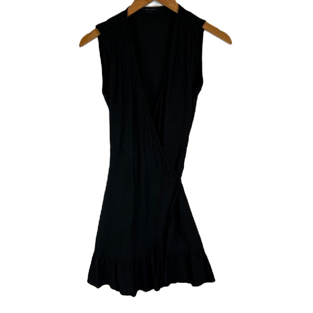 AllSaints Krystal Dress‎ Black Leopard Jacquard Wrap Ruffle Mini WD368Q Womens S
